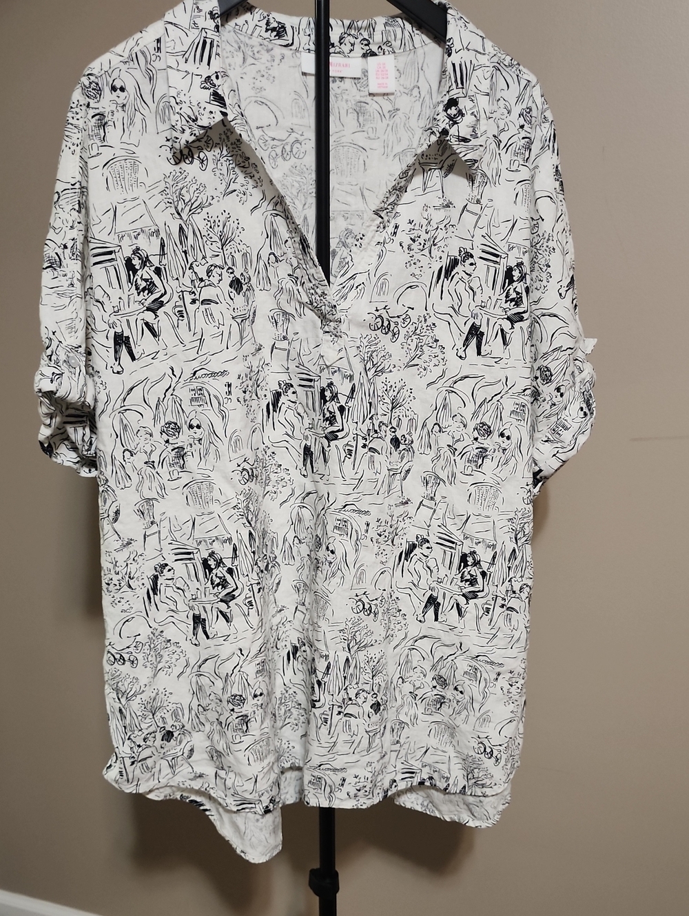 Isaac Mizrahi White Shirt with Black Illustrated Print